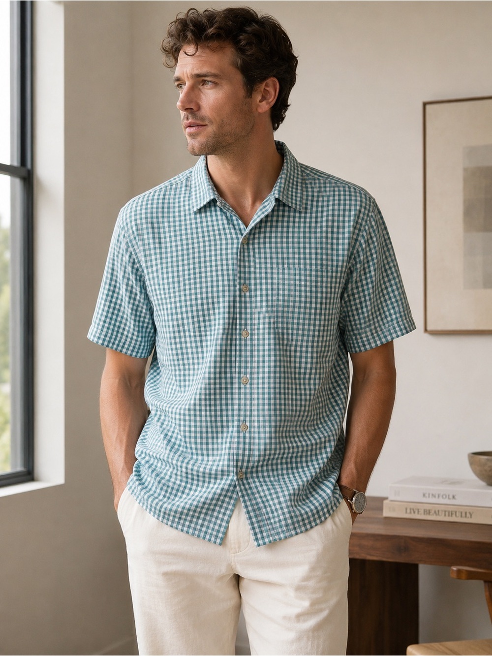 Zegna Sport Men’s Teal and White Checked Short Sleeve Button-Down Shirt